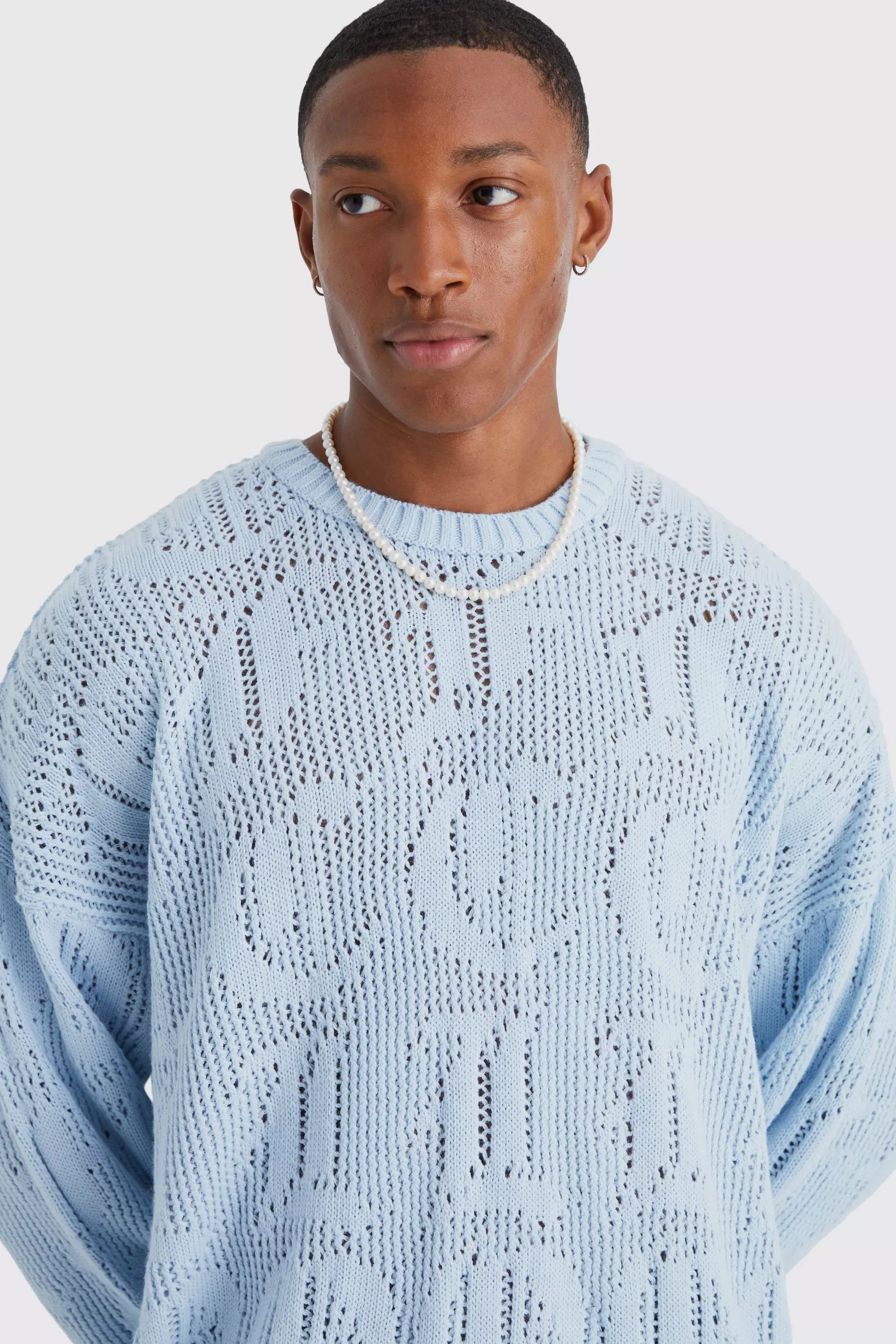 Oversized Ofcl Jaquard Open Knit Sweater | boohooMAN USA